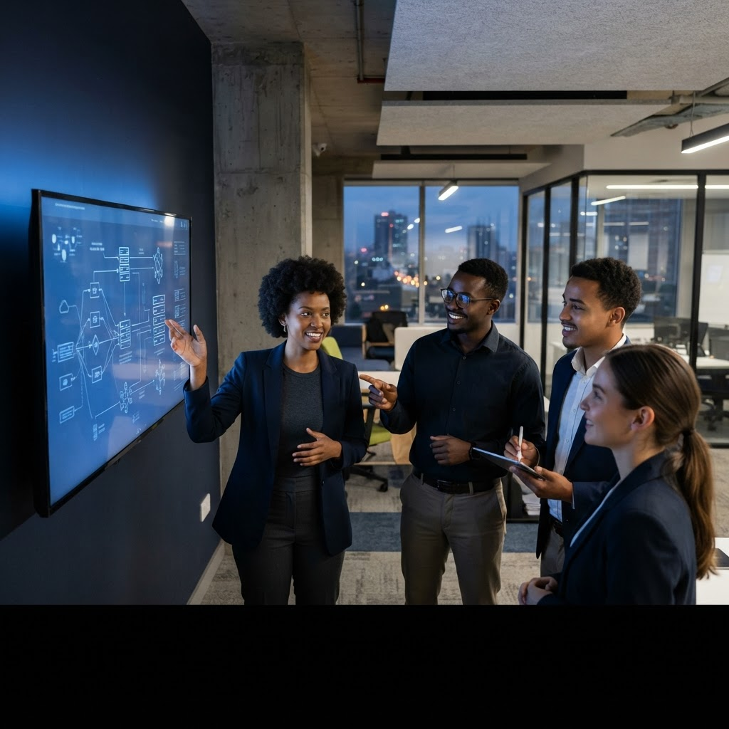 IT professionals collaborating around a technology plan